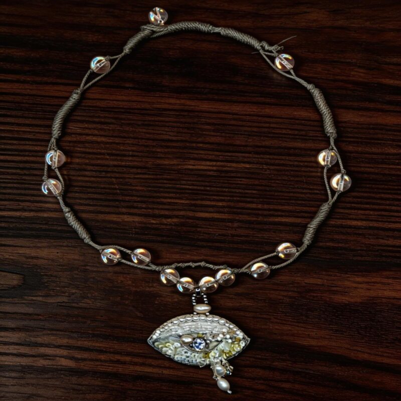 Hand Embroidered Eye White Crystal Necklace