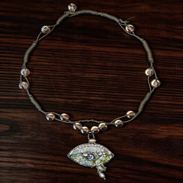 Hand Embroidered Eye White Crystal Necklace
