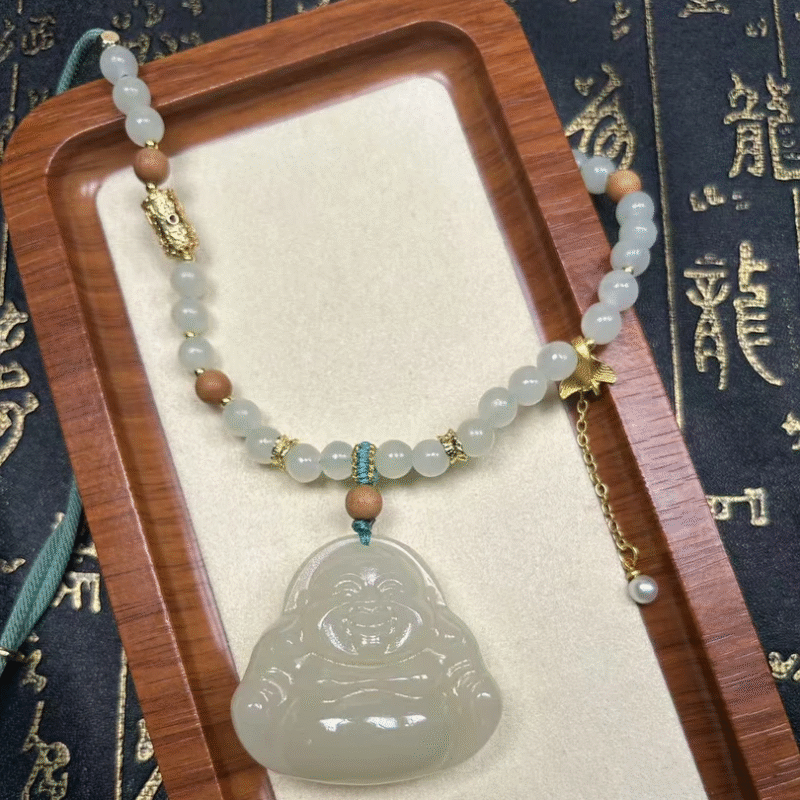 Feng Shui, Energy Protection ,Peace,Luck,ghost-removing,Evil-avoiding,Buddha Energy Feng Shui Energy Jade Stone Hand-Woven Jade Maitreya Buddha Necklace