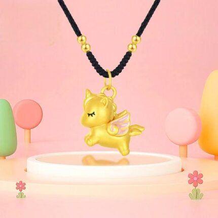 The Year of the Horse, golden, silver unicorn pendant, rope-woven necklace