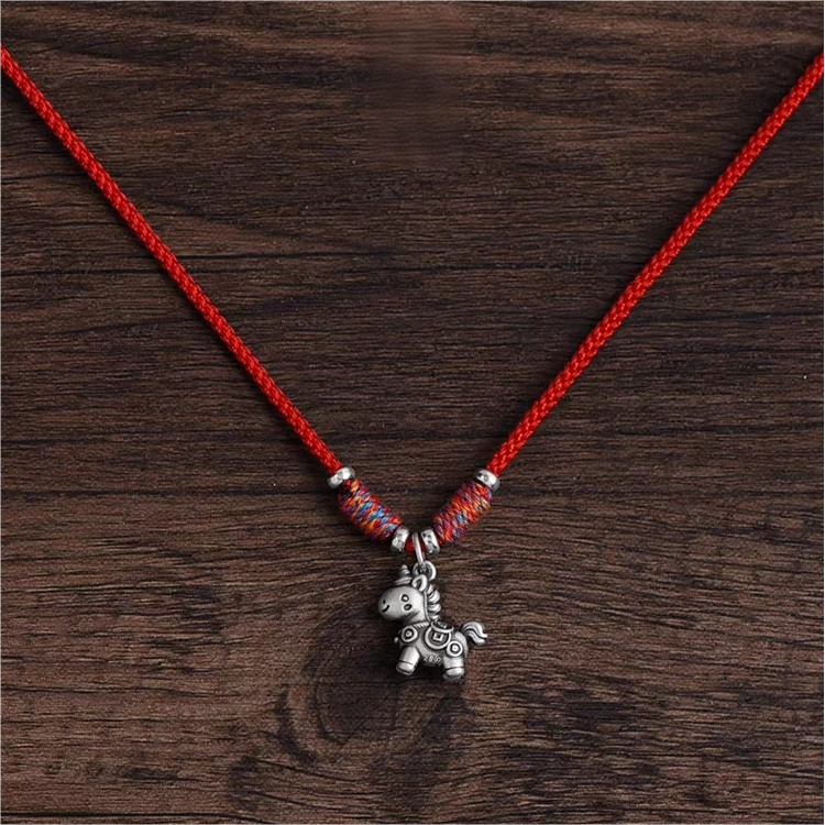 the year of the horse,silver horse pendant,handmade red string necklace