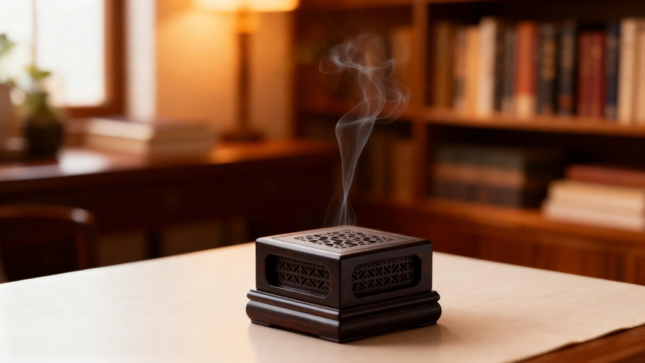 agarwood incense burning on wooden table